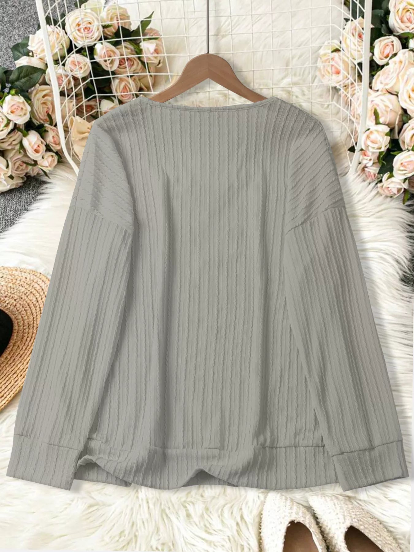 Plus Size V-Neck Dropped Shoulder Blouse -