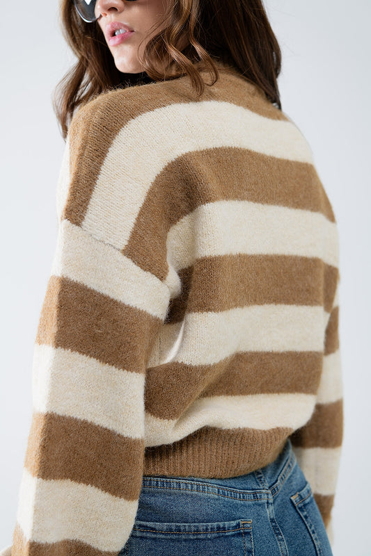 Beige striped turtleneck sweater - jumper