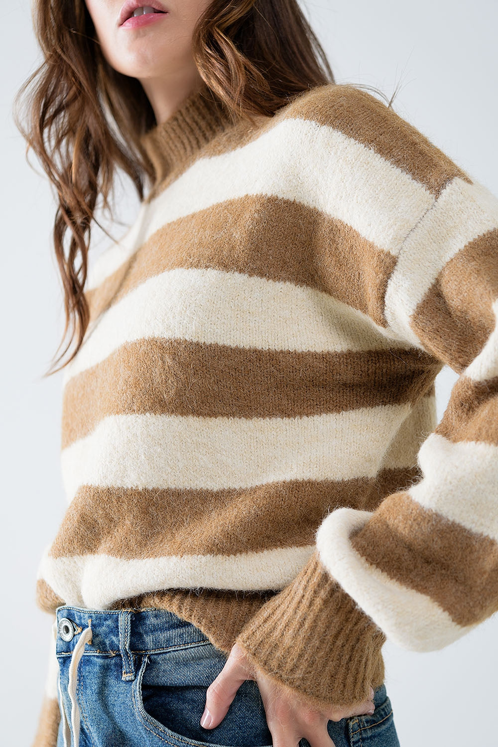 Beige striped turtleneck sweater - jumper
