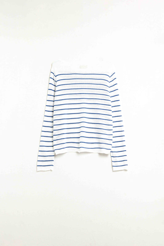 Cream sweater with blue stripes made of fine knit