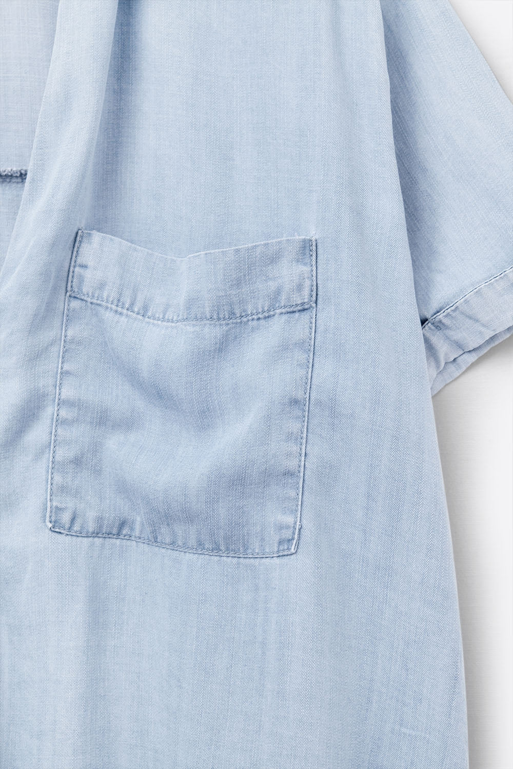 Short Sleeve Tencel Shirt With Chest Pocket in Blue - Shirts, top