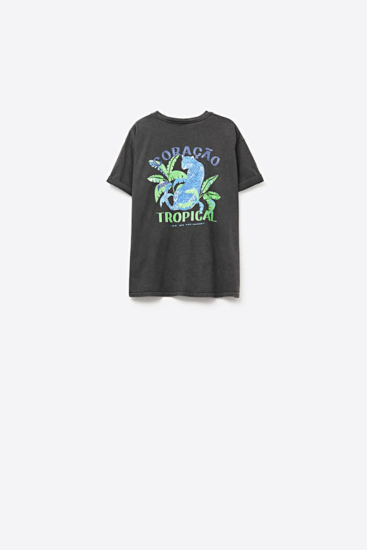 Black t-shirt made in Italy with tropical graphic print - top