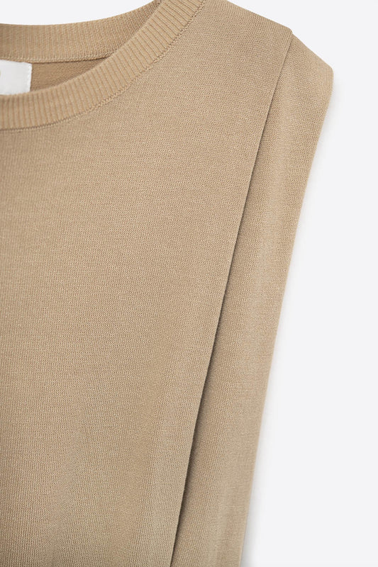 Sleeveless knit top with draped shoulders in camel