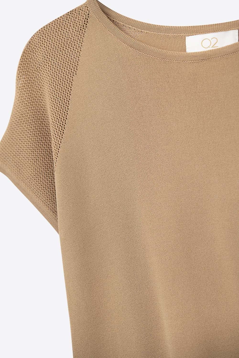 Camel Ribbed Short Sleeve Sweater with knitted mesh on the shoulder - jumper