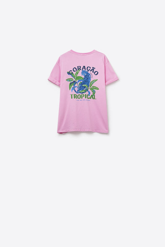 Pink t-shirt made in Italy with tropical graphic print - top