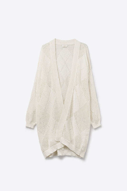 Cream Draped Cardigan With Crochet Design - cardigan
