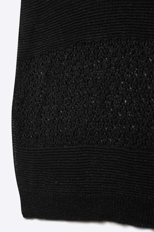 Black sweater with soft open knit and dropped sleeves