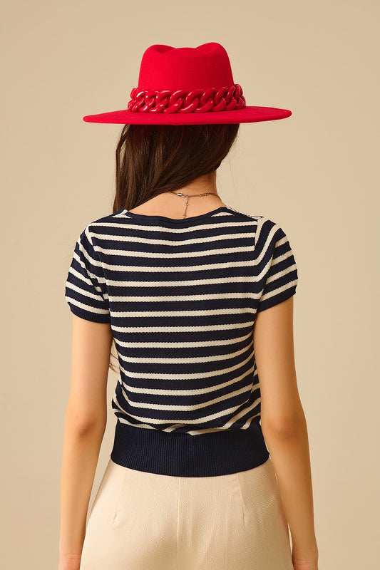 Square neck Stripped Sweater in navy and White - jumper