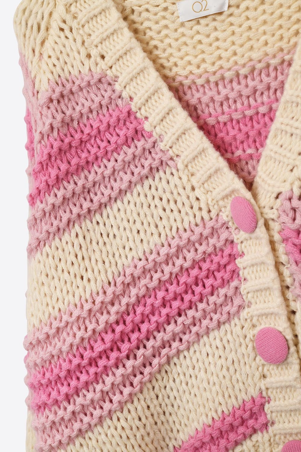 V-neck Chunky Knit Cardigan in stripes of Pink and cream