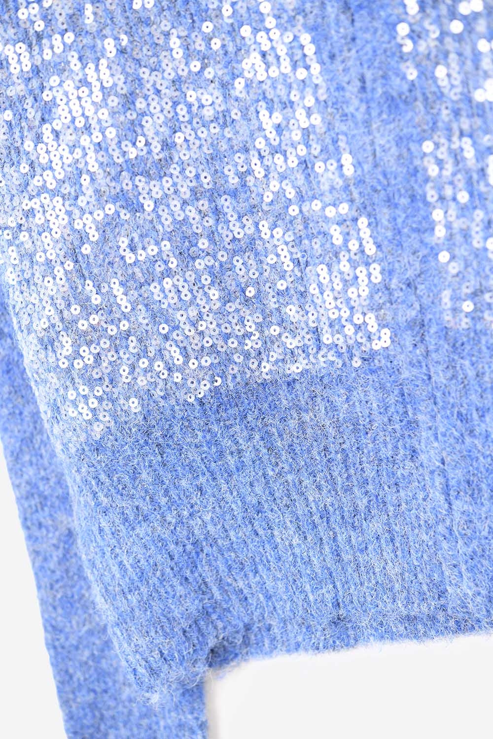 Blue fluffy knit cardigan with sequins and zipper closure