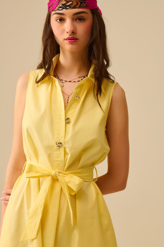 Yellow poplin midi dress with silver heart-shaped buttons - dress