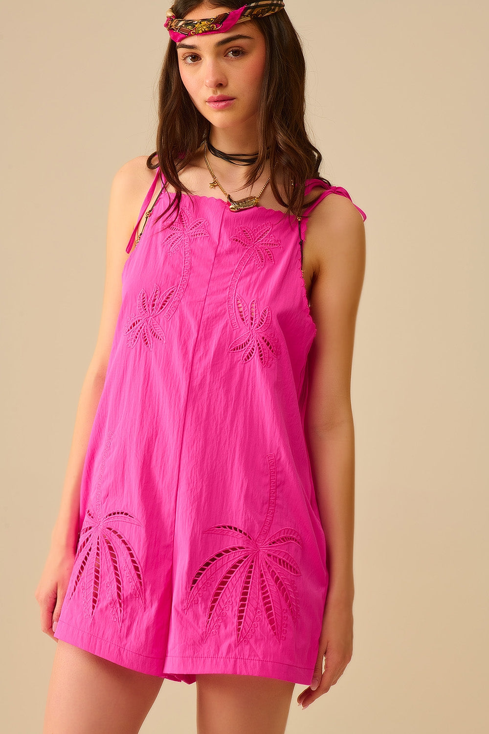 Pink Embroidered Palm Tree Jumpsuit - jumpsuit