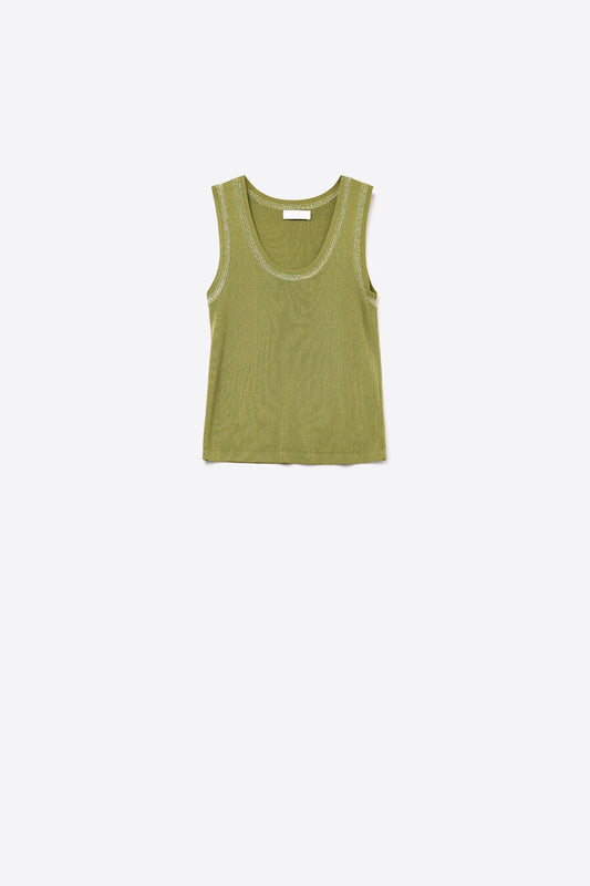 Olive Sleeveless Knit Top with Metallic Trim