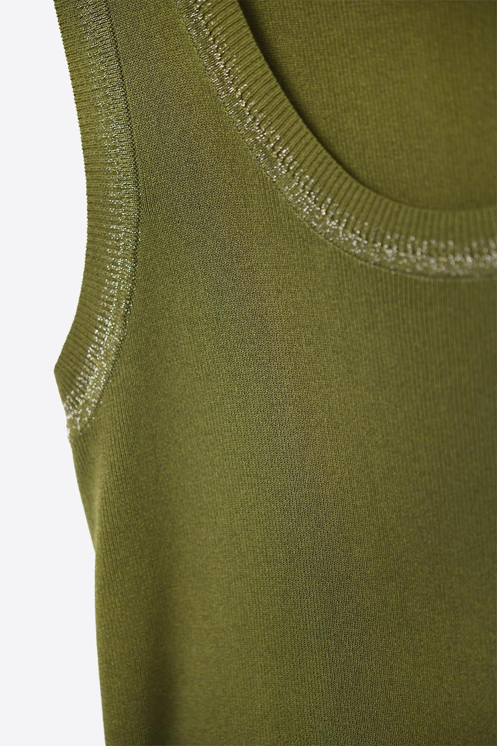 Olive Sleeveless Knit Top with Metallic Trim