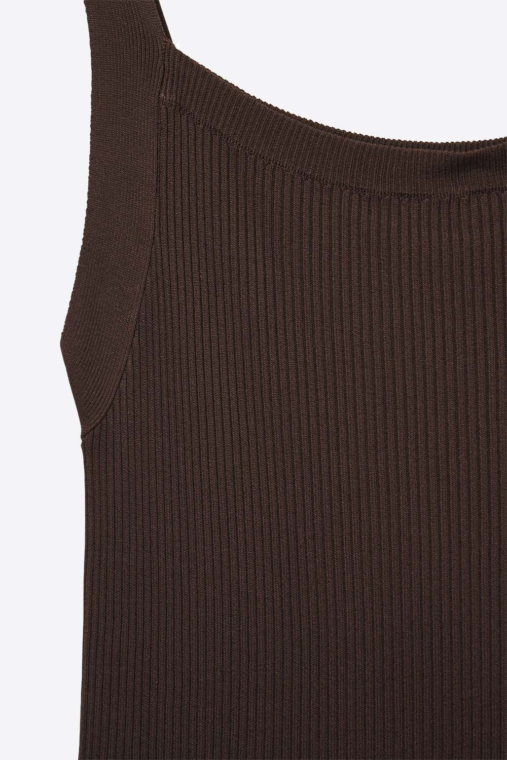 Brown Ribbed Knit Top with Wide Straps