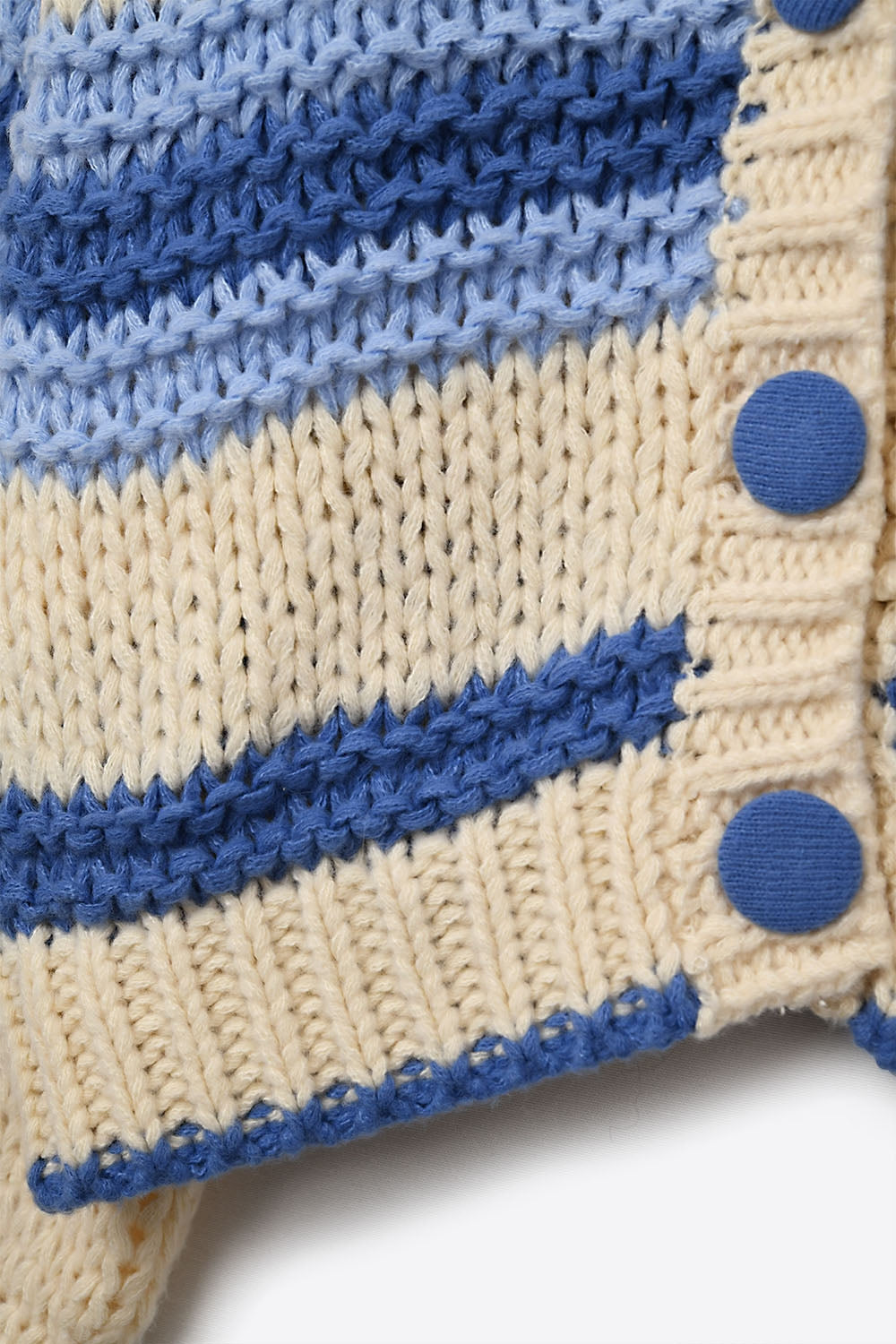V-neck Chunky Knit Cardigan in stripes of Blue and cream