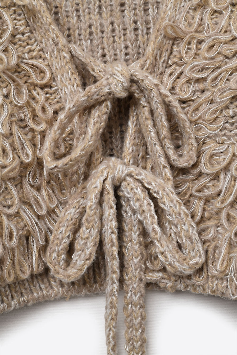 Beige Cropped chunky Knit cardigan with V-Neck and Front Tie closure