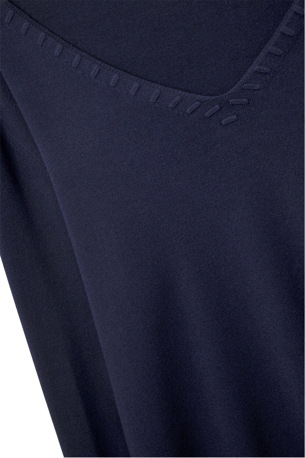 Fine Knit V-Neck Sweater with Decorative Neckline Detail in navy color