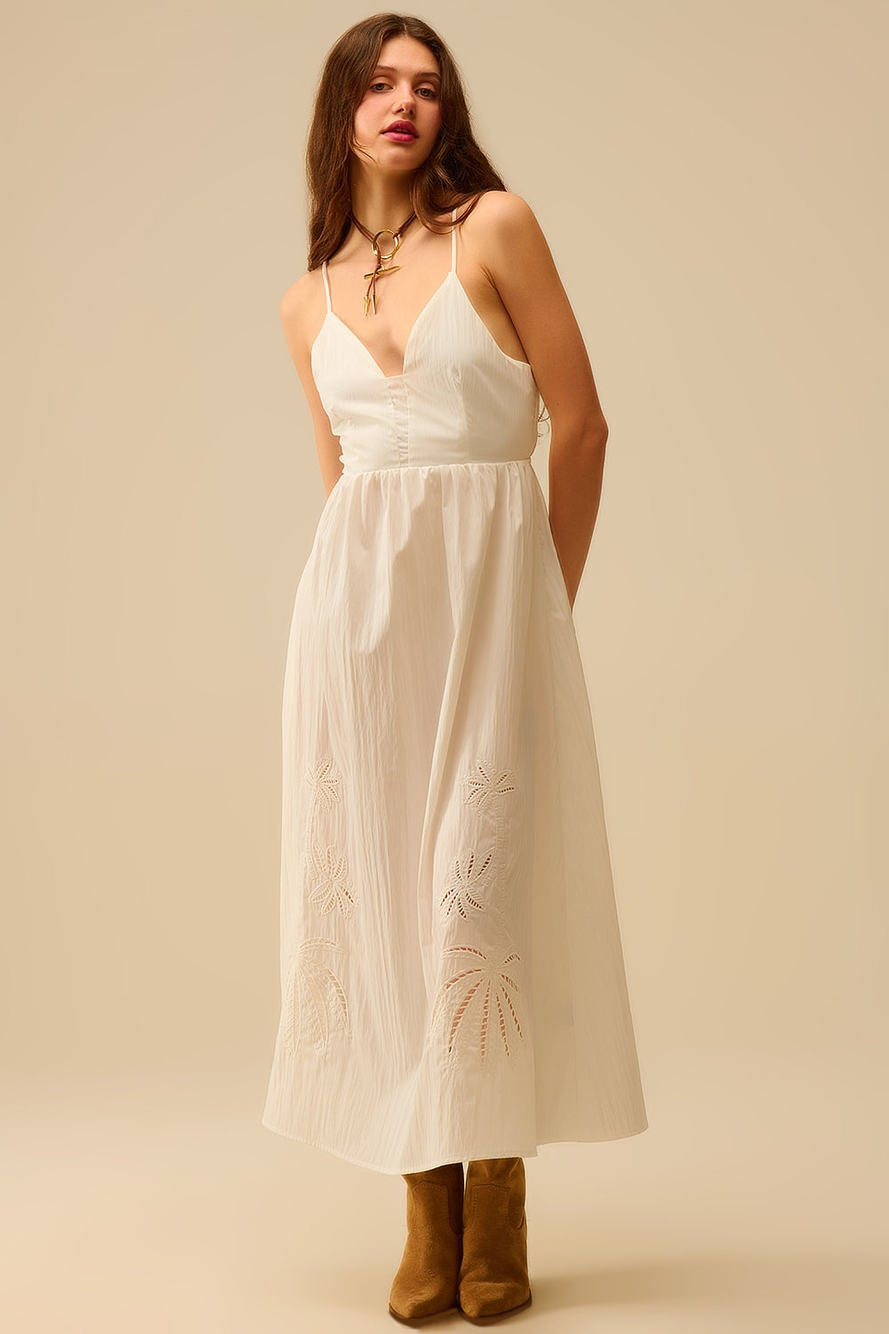 White maxi dress with embroidered palms - dress