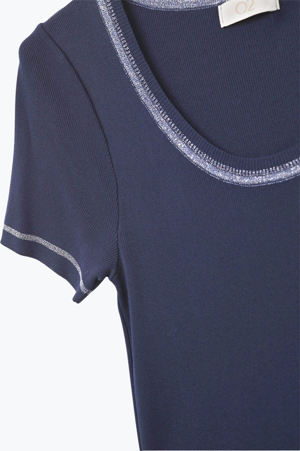 Short Sleeve sweater In navy With Silver Seam at Round Neck