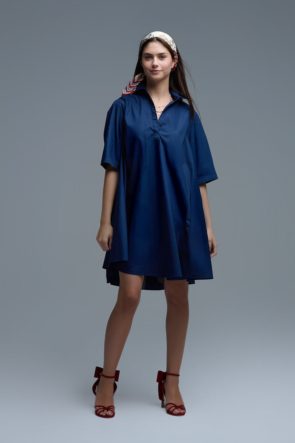 Oversized 3/4 Sleeve Poplin Dress in Navy - dress