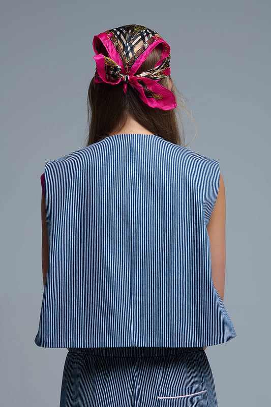 Blue and White Striped Crew Neck Vest - blazer