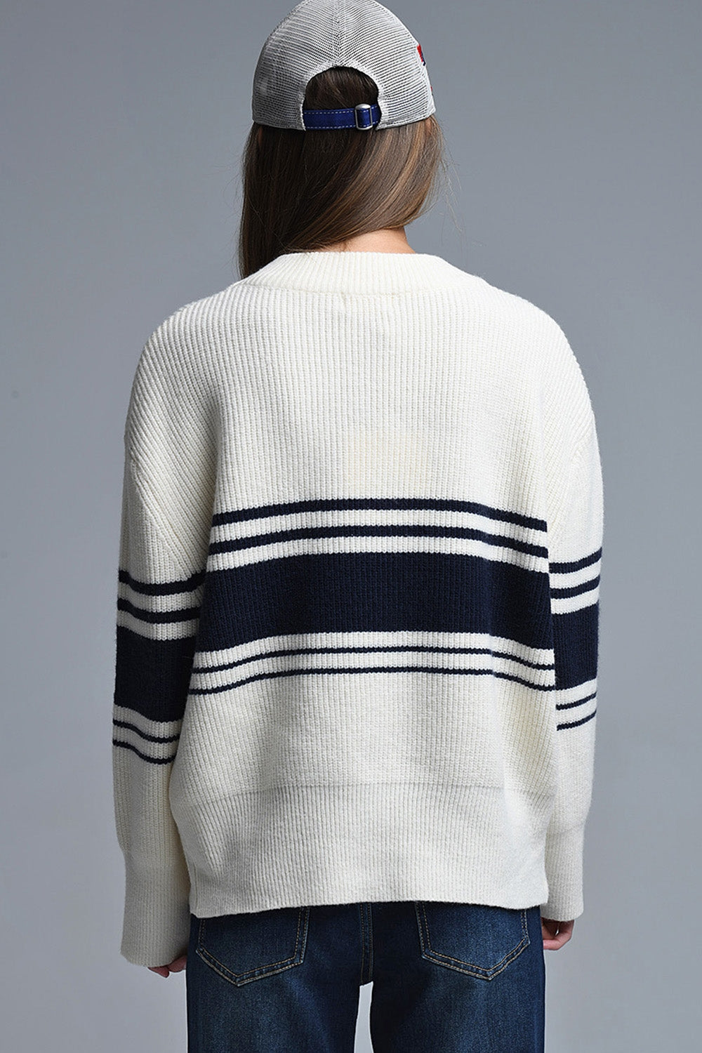 Ribbed Cream Sweater With Navy Chest Stripes