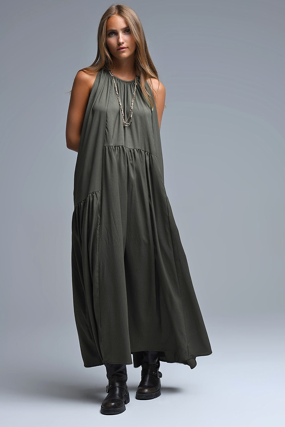 Khaki Halter Neck Maxi Dress With Seam Detailing - dress