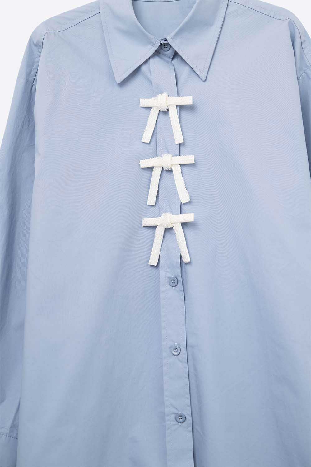 Blue Oversized Poplin Shirt With White Beaded Bow Buttons - Shirts