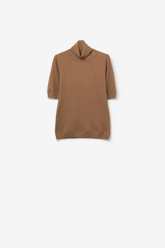 Camel Ribbed Knit Short Sleeve Turtleneck Sweater - Jumpers