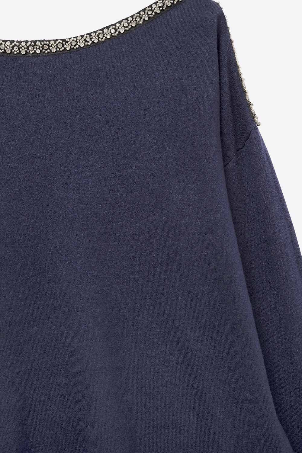 navy fine knit sweater with a boat neck and rhinestone detail