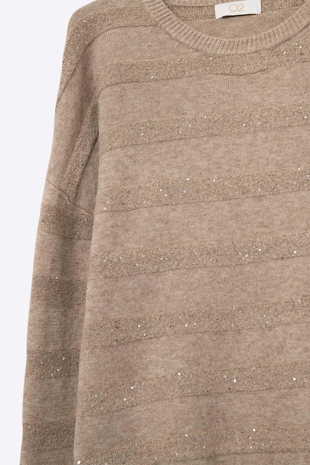 Beige Striped Knit Sweater with Sequin Detail