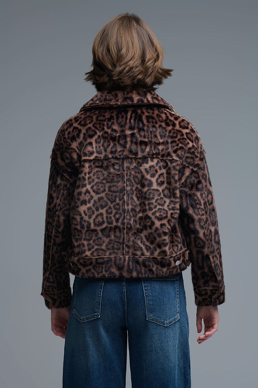 Cropped button-up faux fuzzy jacket in bold leopard print - blazer
