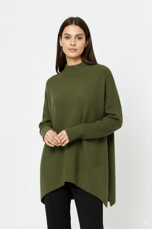 Khaki Asymmetric Ribbed Knit Sweater Tunic - Jumpers