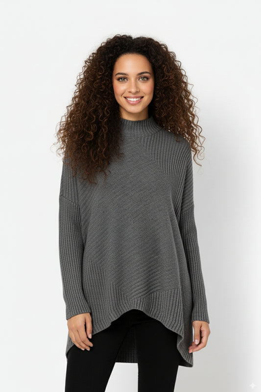 Gray Asymmetric Ribbed Knit Sweater Tunic - Jumpers