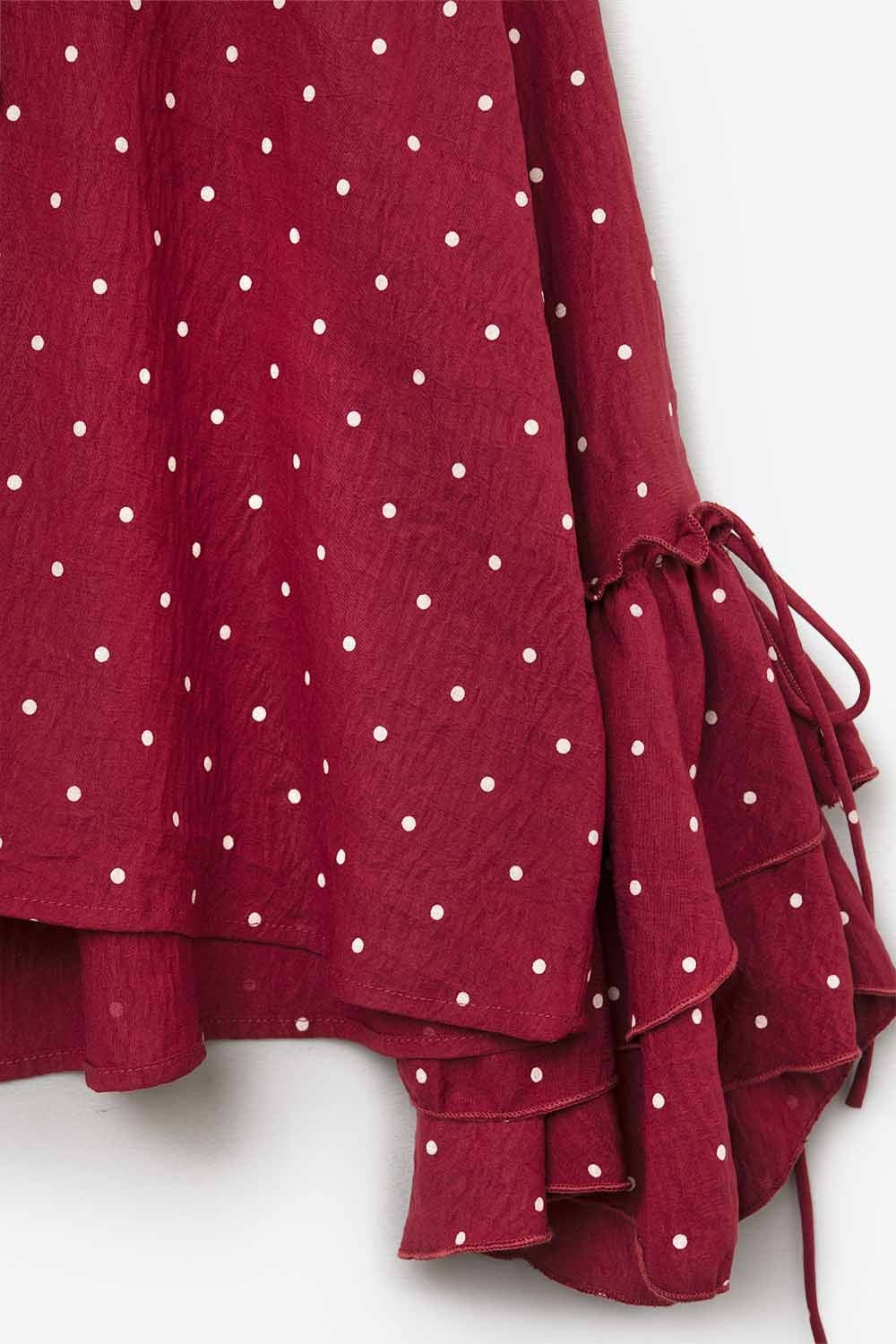 Red Ruffled Polka-Dot Blouse with Flared Sleeves - top
