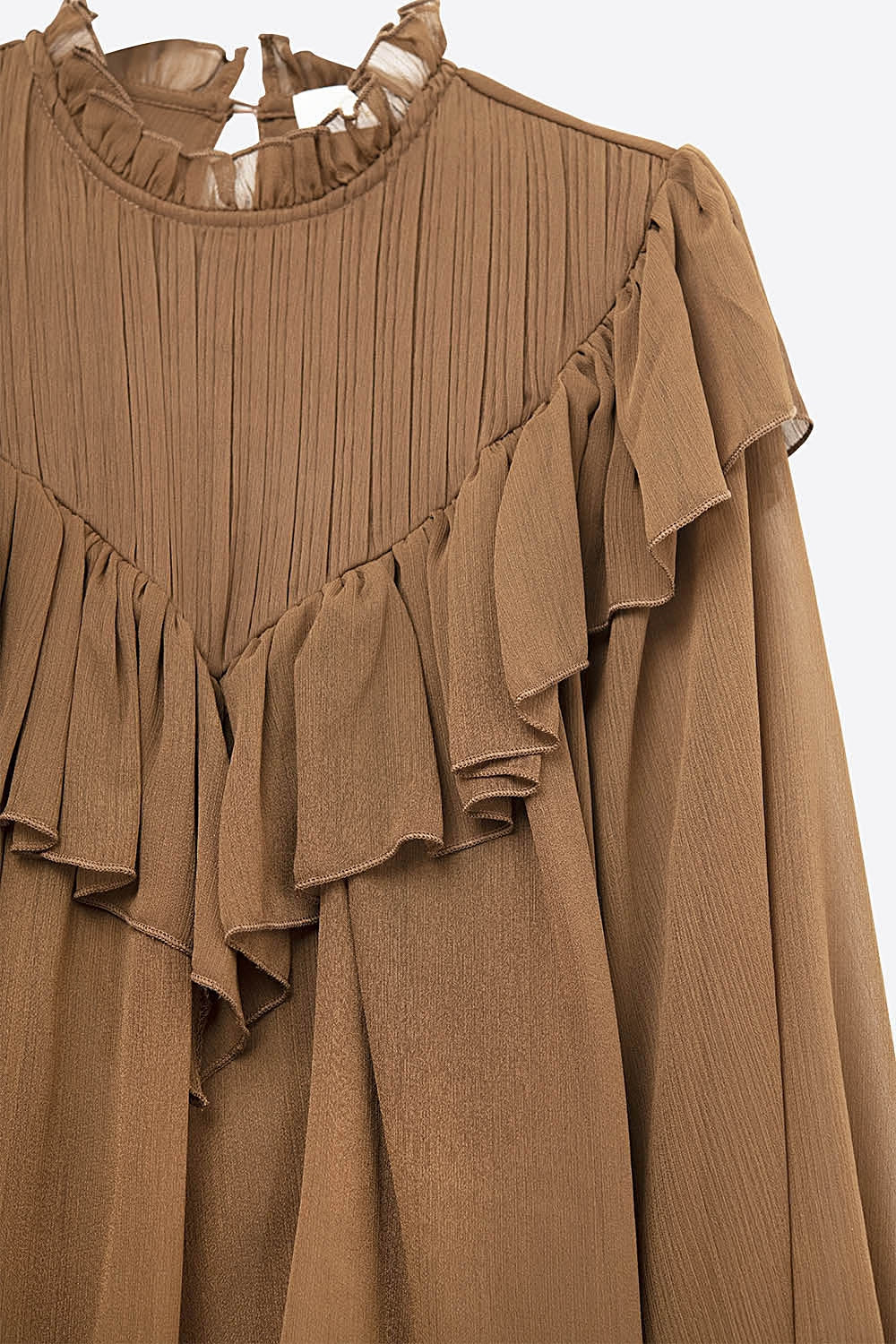 Romantic Brown Ruffled Long-Sleeve Blouse in chiffon fabric
