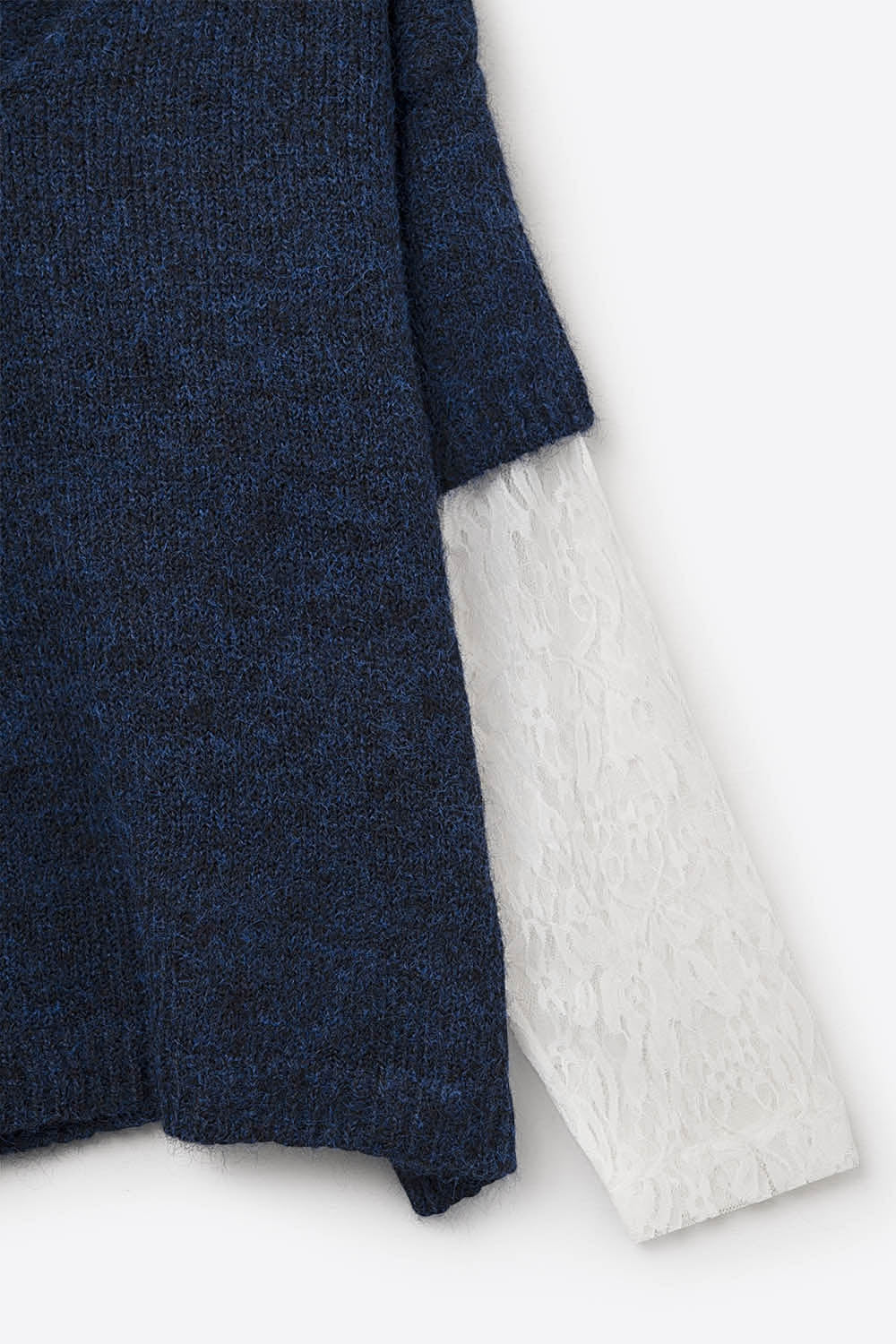 Navy Contrast V-Neck Sweater with Contrasting White lace Sleeves