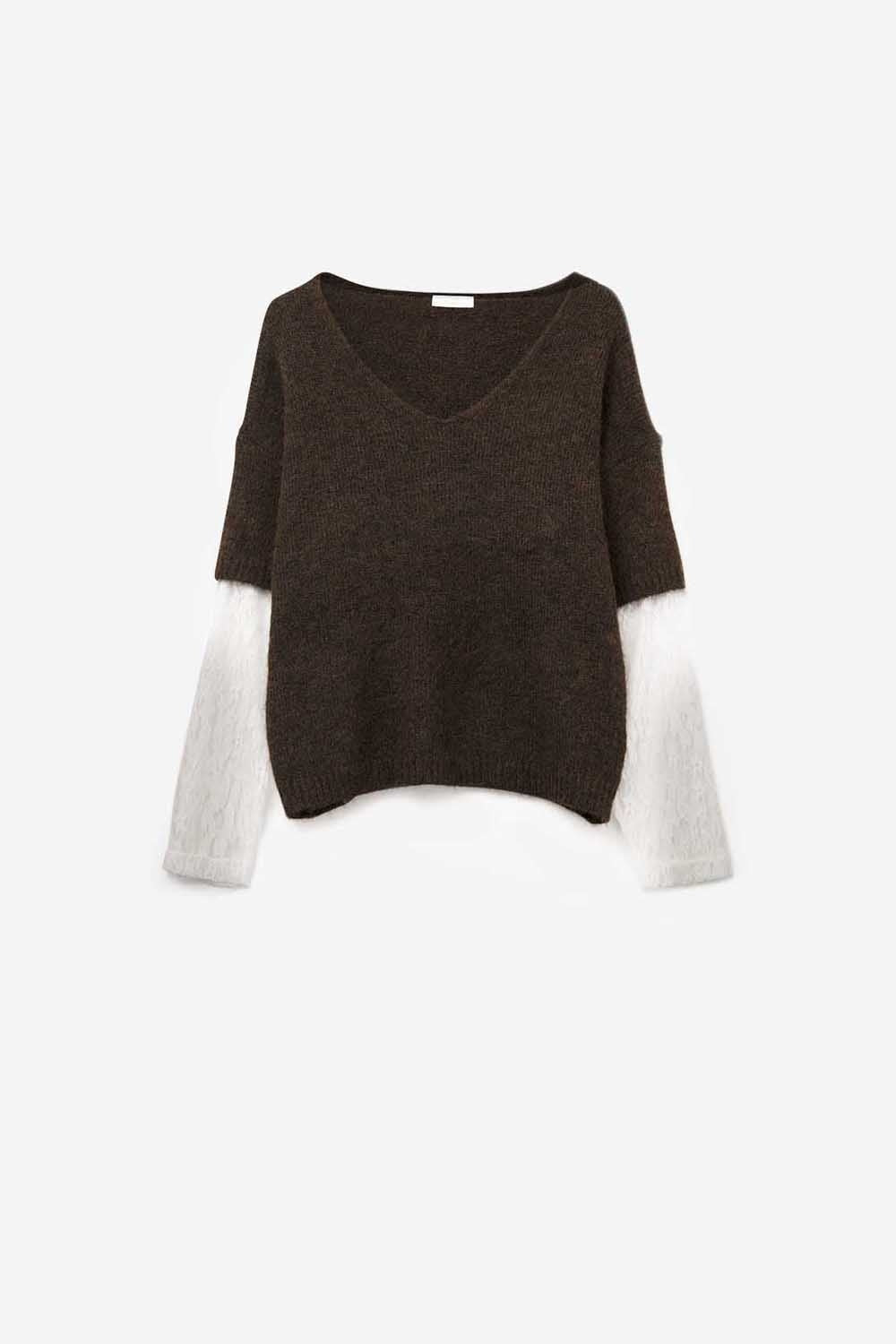 Brown Contrast V-Neck Sweater with Contrasting White lace Sleeves