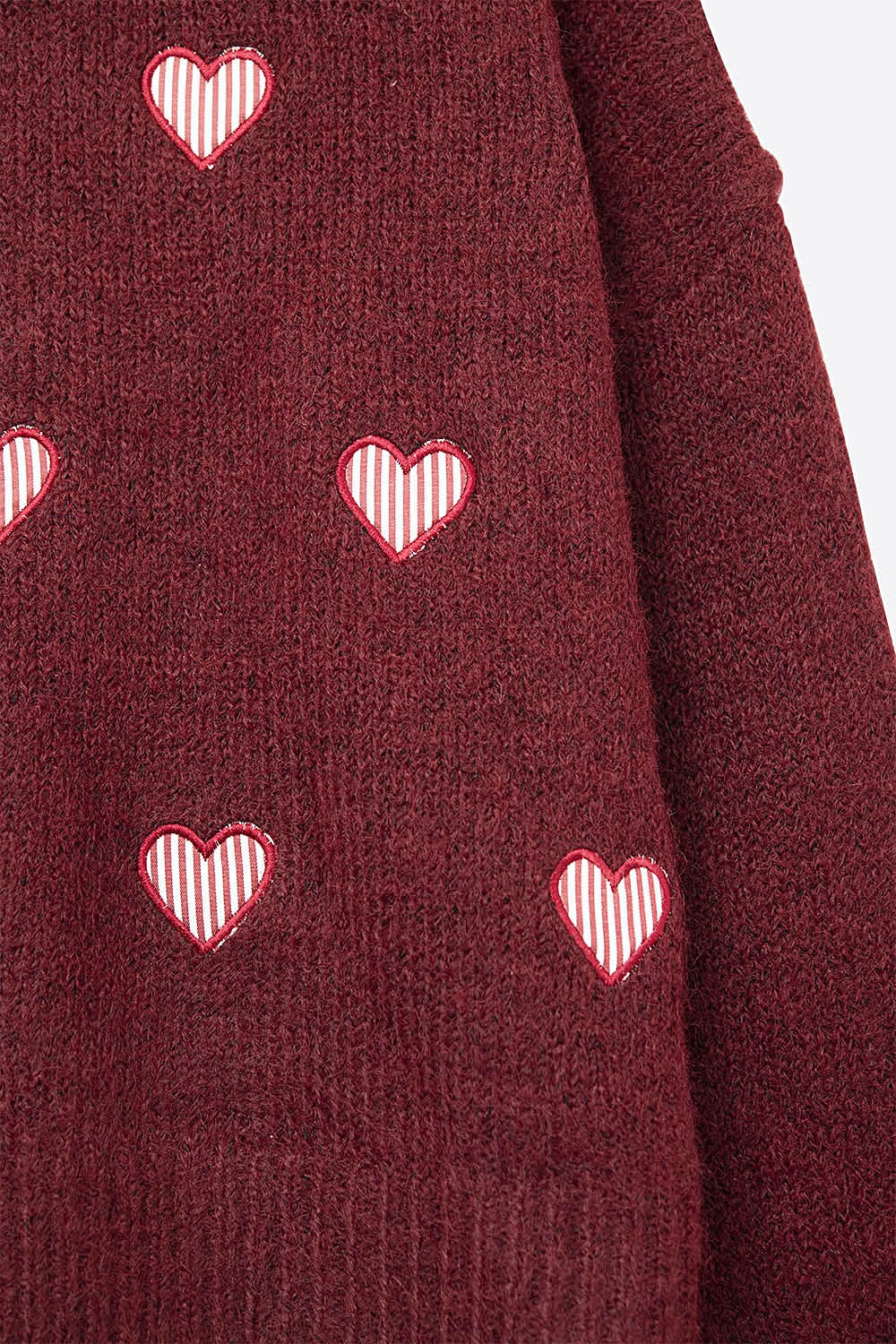 Burgundy Crew Neck Sweater With Striped Hearts