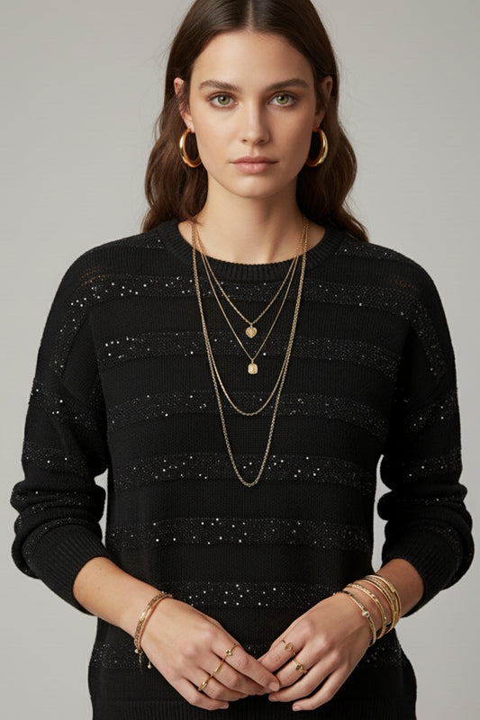Black Striped Knit Sweater with Sequin Detail