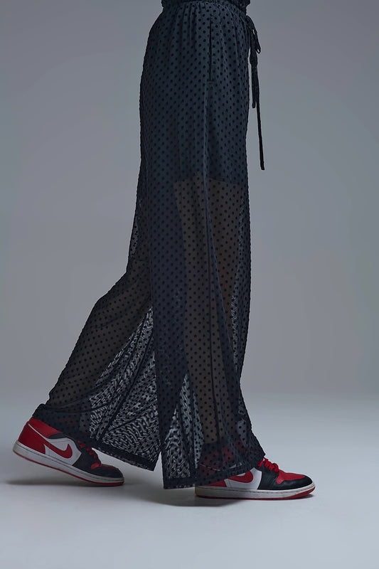 Chic Black Sheer Polka Dot Pants - trousers