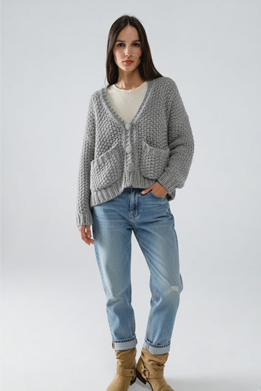 Oversized gray chunky knit jacket with pockets