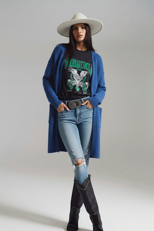 Oversized thick terry knit cardigan in blue