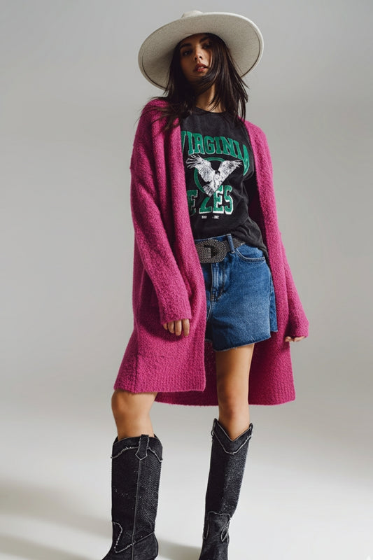 Oversized thick terry knit cardigan in fucsia
