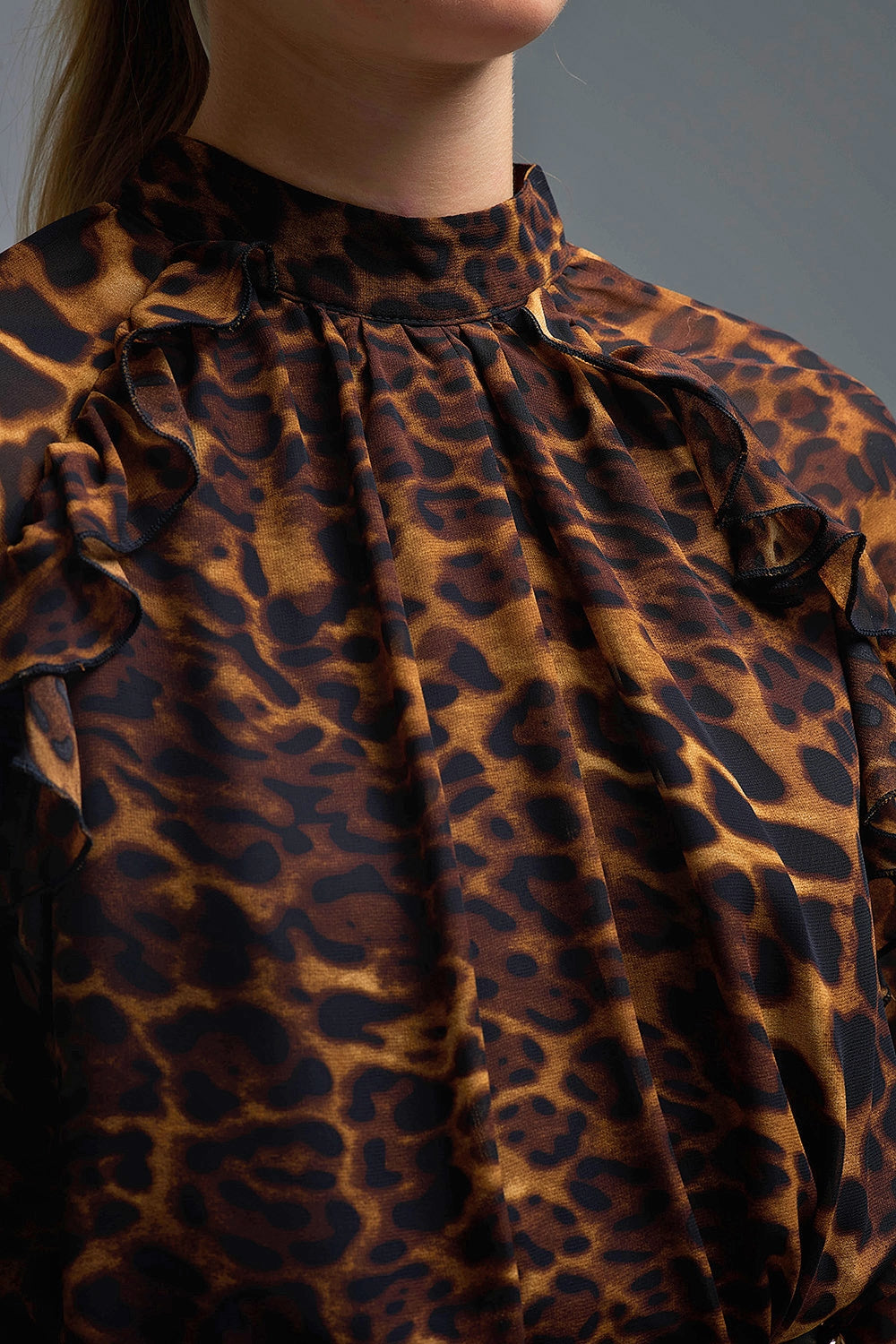 Leopard Print Blouse with Ruffle Details in chiffon - Shirts