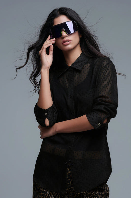 Black Polka-Dot Button-Up Shirt in chiffon - Shirts