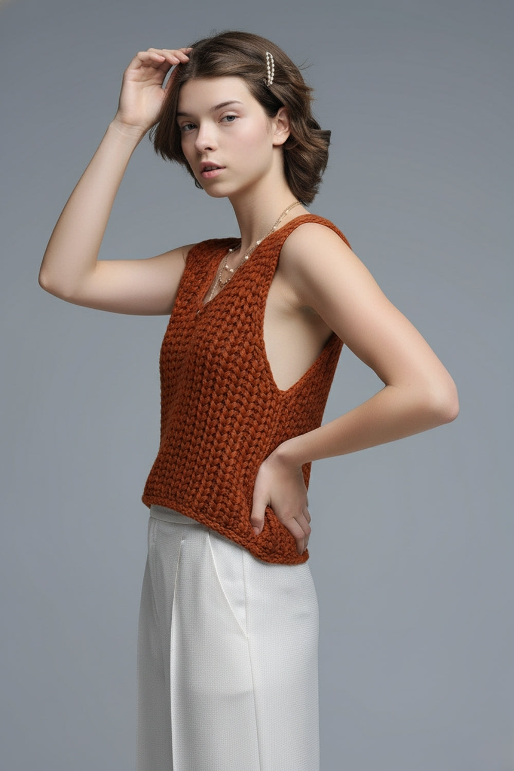 Crochet Cropped Vest in orange With sequins Thread