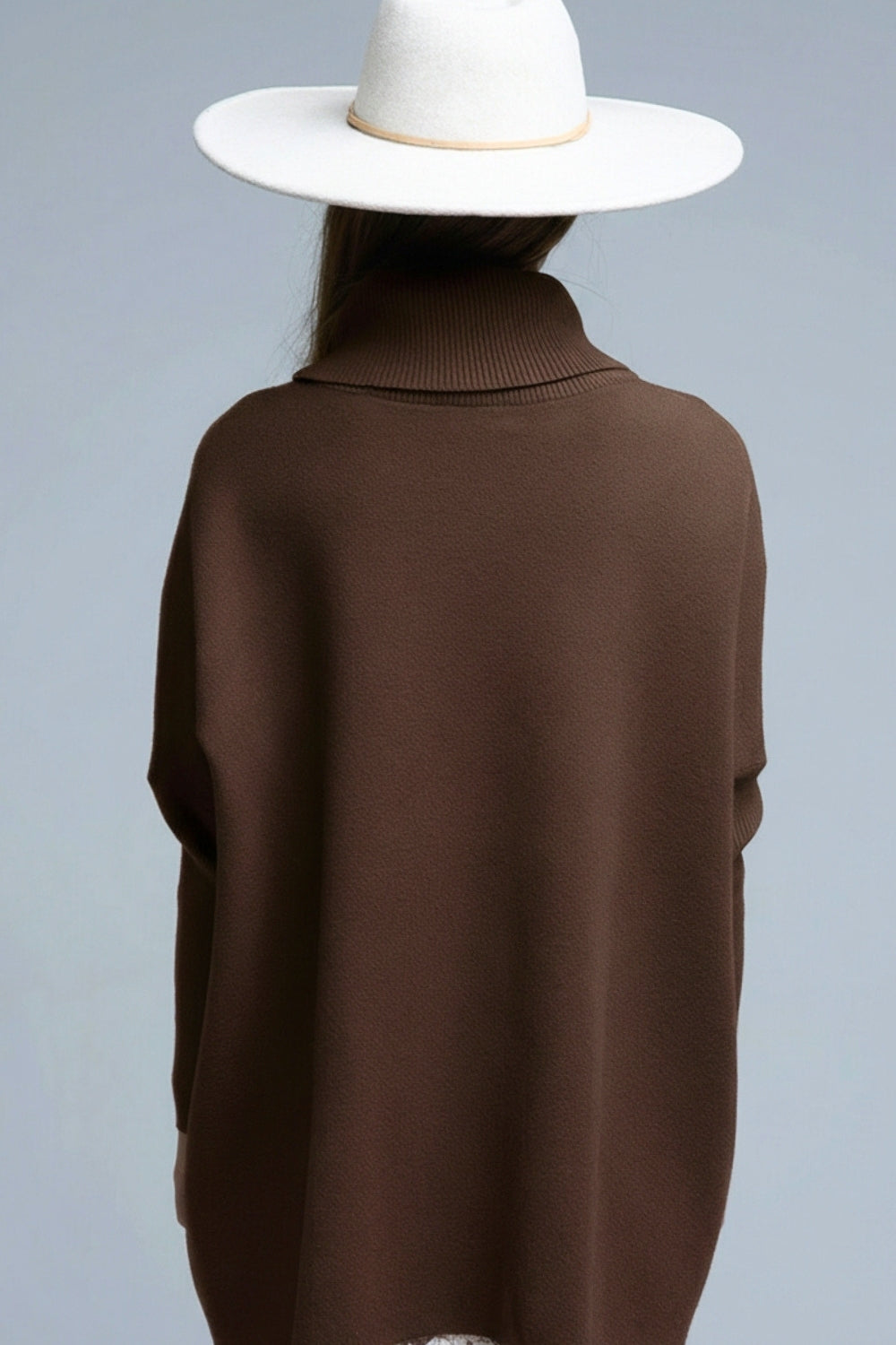High Neck Tunic Sweater in brown with fitted sleeves