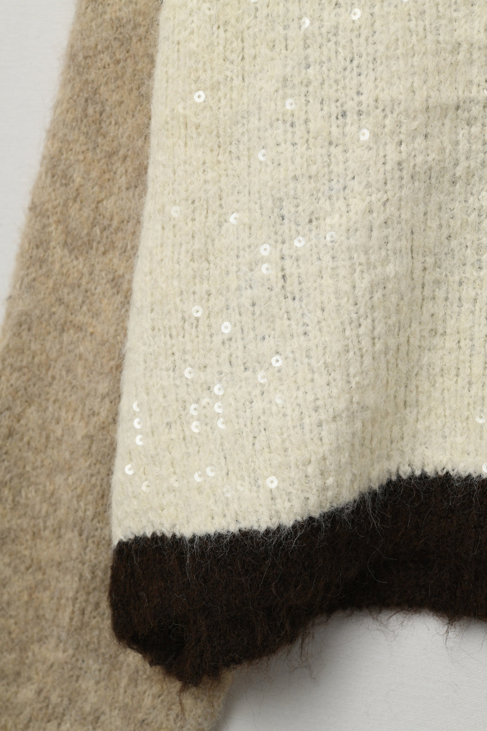 Color-block Sequin V-Neck Cardigan in beige and brown colors